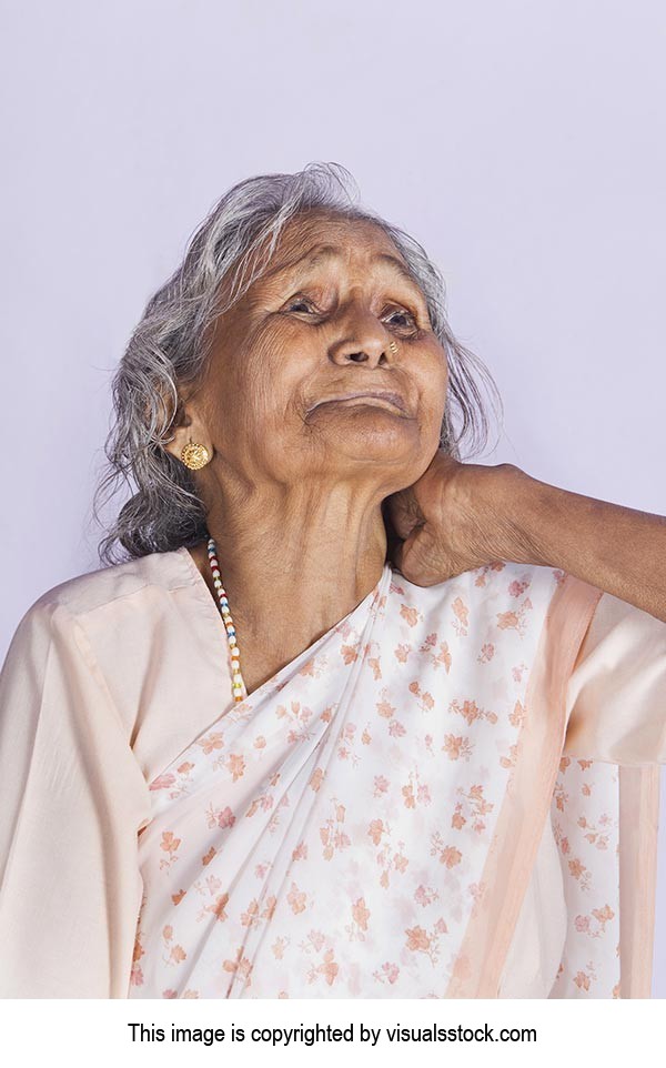 Crying Old woman suffering from neck pain Cervical pain