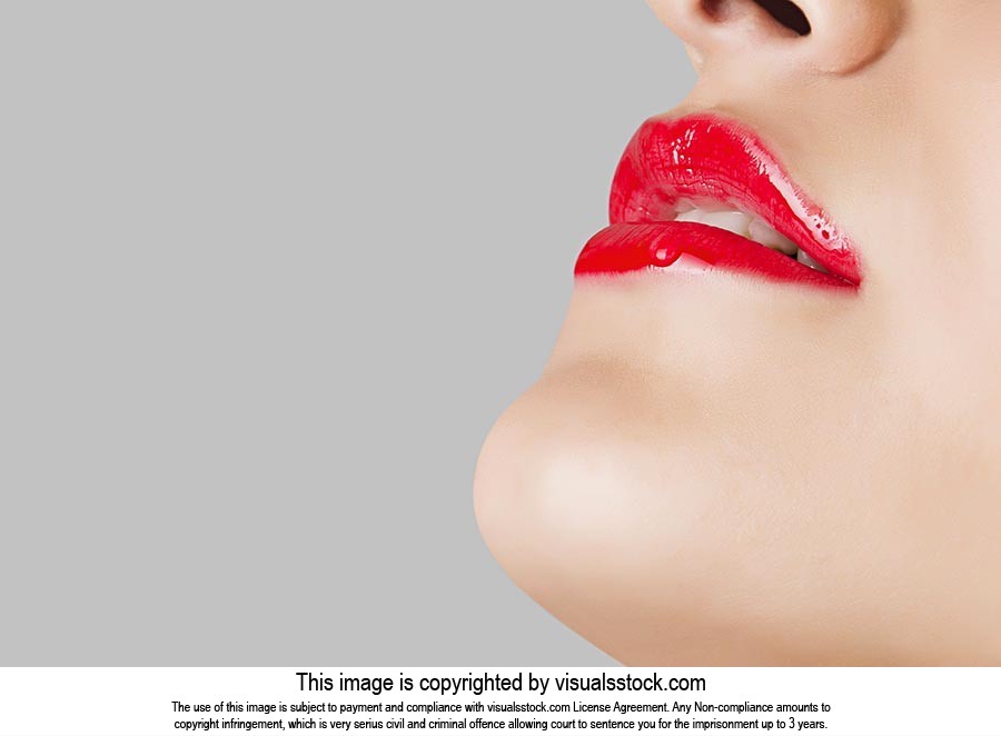 Close up Beautiful Blond Woman Lips Red lipstick