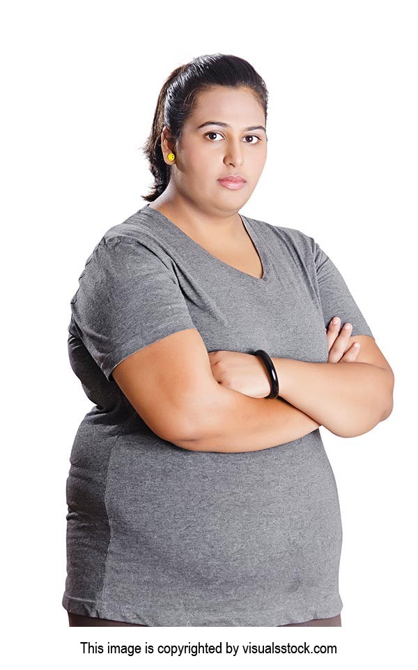 Attitude Indian Young fat woman With Arms Crossed Standing White background