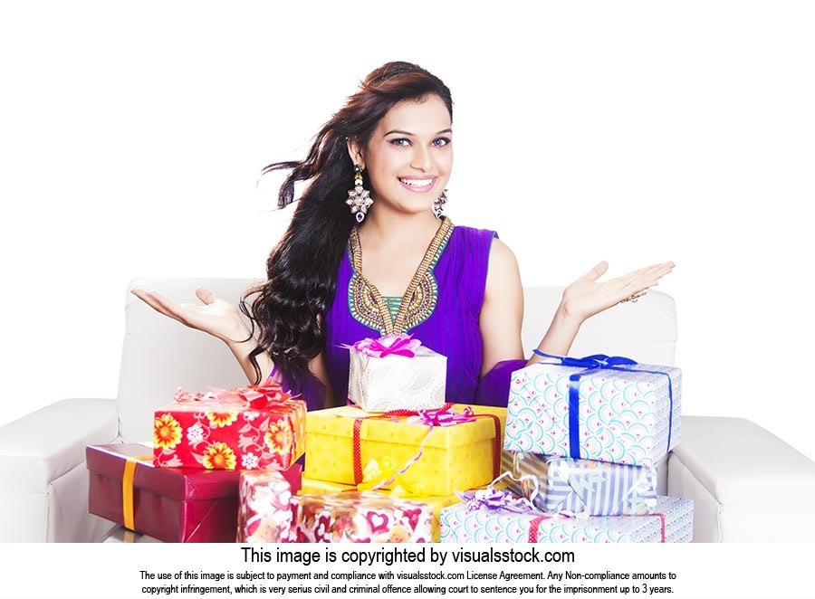 Indian Woman Gesturing Gifts Birthday