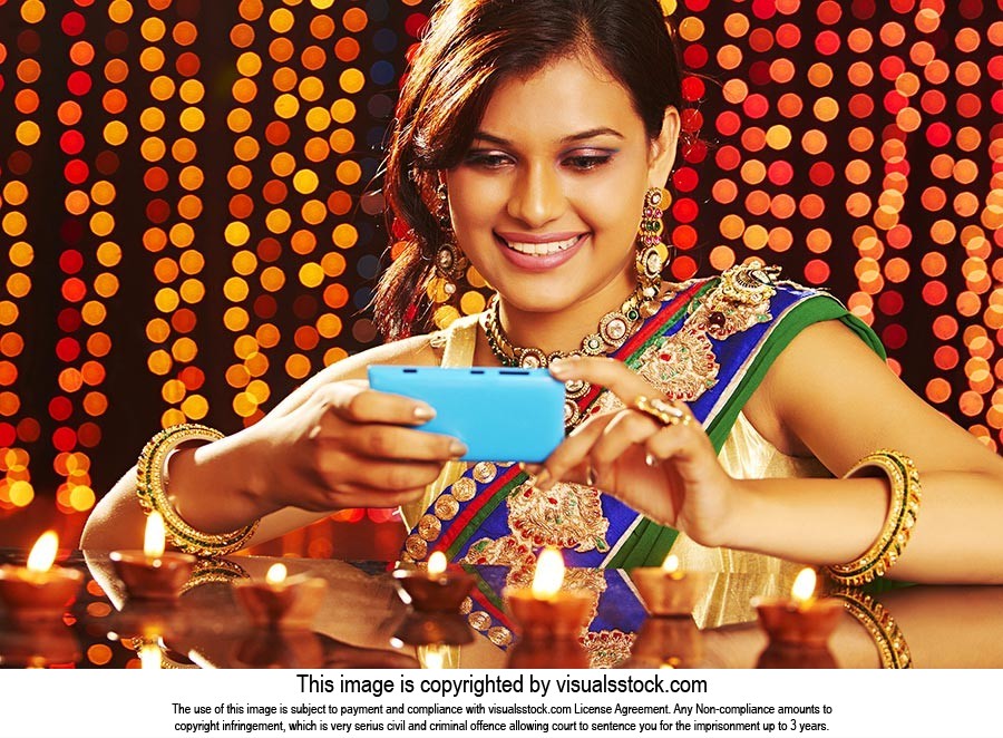 Woman Diwali Text Messaging Phone