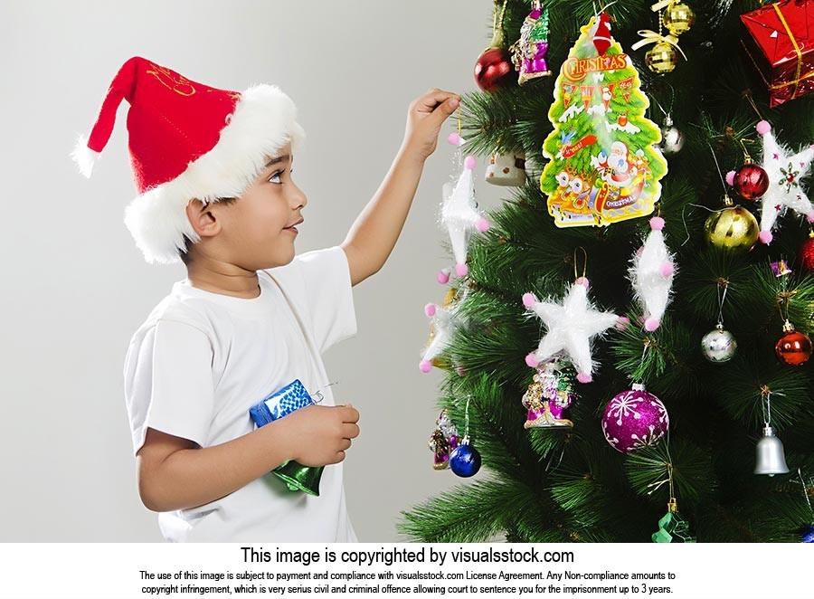 Kid Boy Festival decorating Christmas tree Smiling
