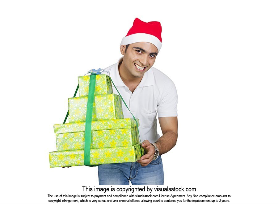 Indian Man Wrapped gift box Showing Christmas Fest