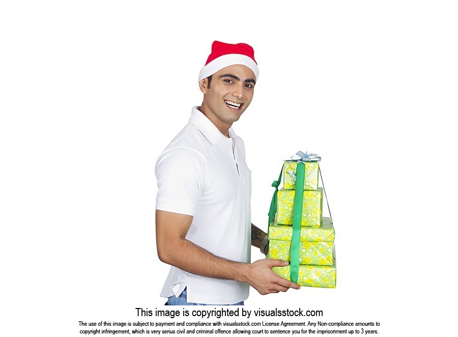 Happy Man Wrapped gift box Showing Christmas Festi
