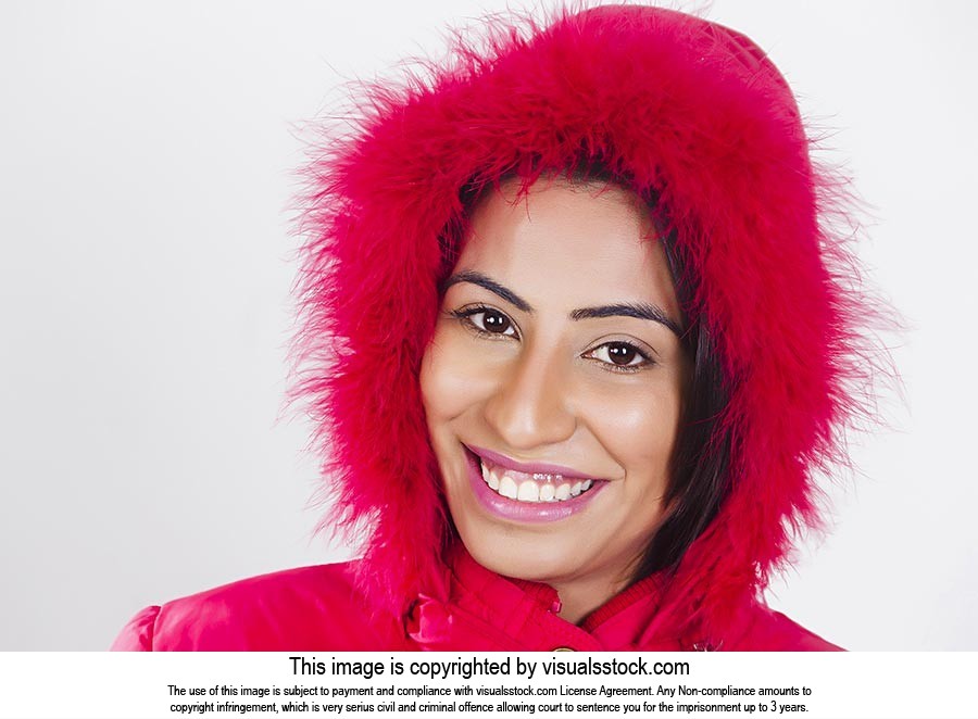Indian woman hood fur winter Jacket Smiling