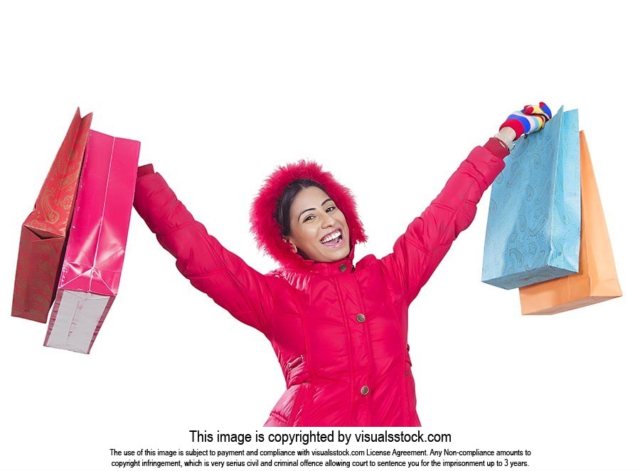 Happy Woman Winter Clothe Shopping Bags Cheerful