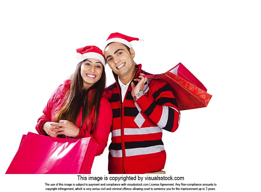 Couple Christmas Winter Clothes Shopping Bags Smil
