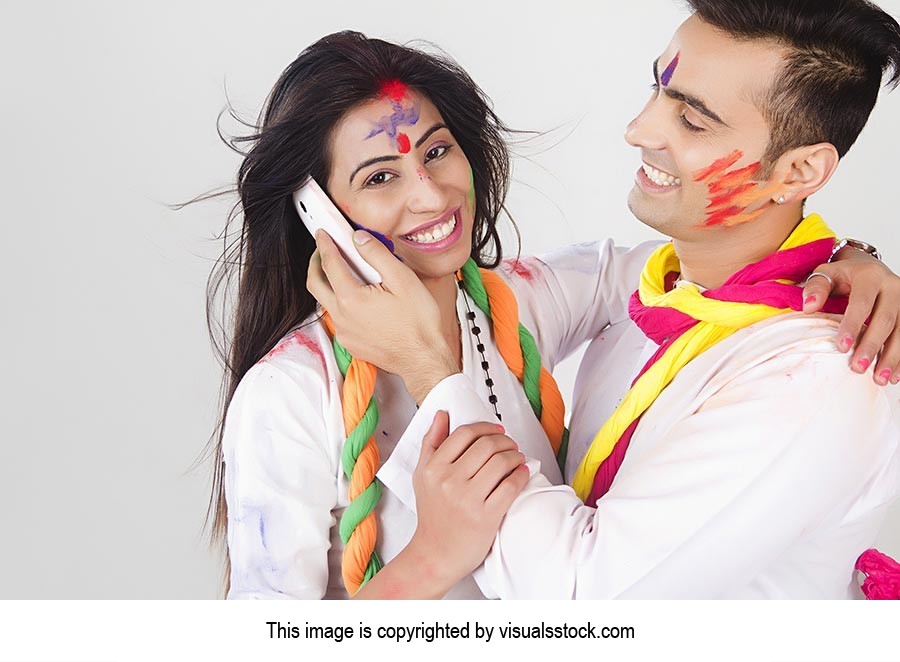 Couple Holi Celebrating Enjoy Talking Phone Romanc