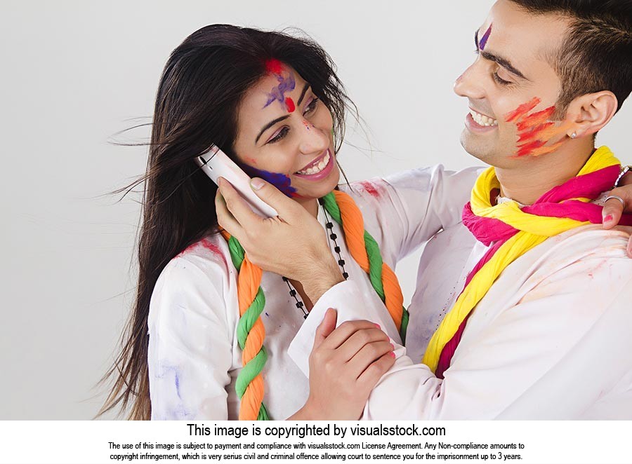 Couple Holi Festival Celebration Fun Talking Phone