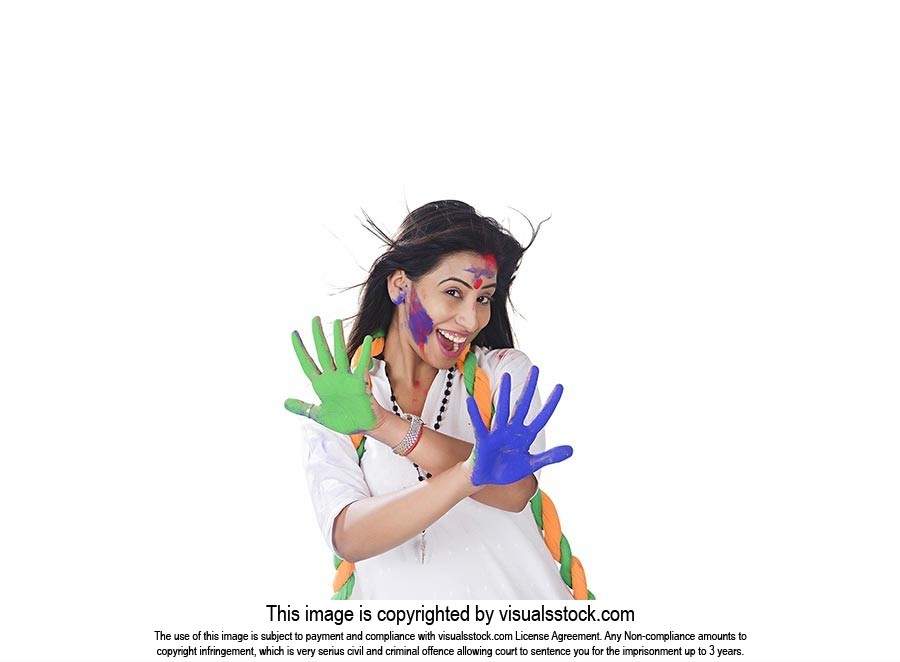 Indian Woman showing Colour hands Holi festival Fu