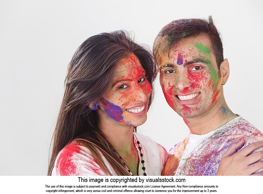 Indian Couple Holi Celebrating Enjoy Smiling