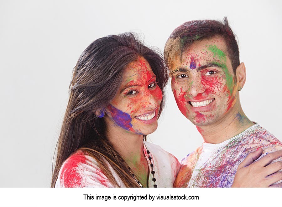 Indian Couple Holi Celebrating Enjoy Smiling