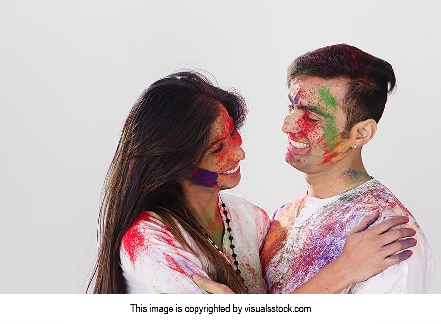 Happy Couple Holi Celebrating Enjoy Hugging Romanc