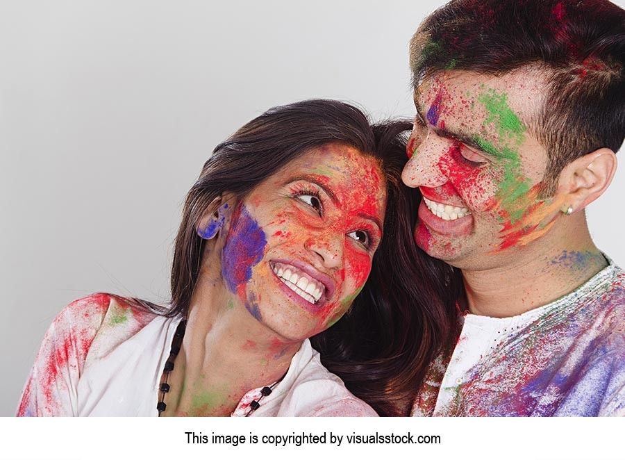 Couple Holi Celebrating Enjoying Smiling Romance