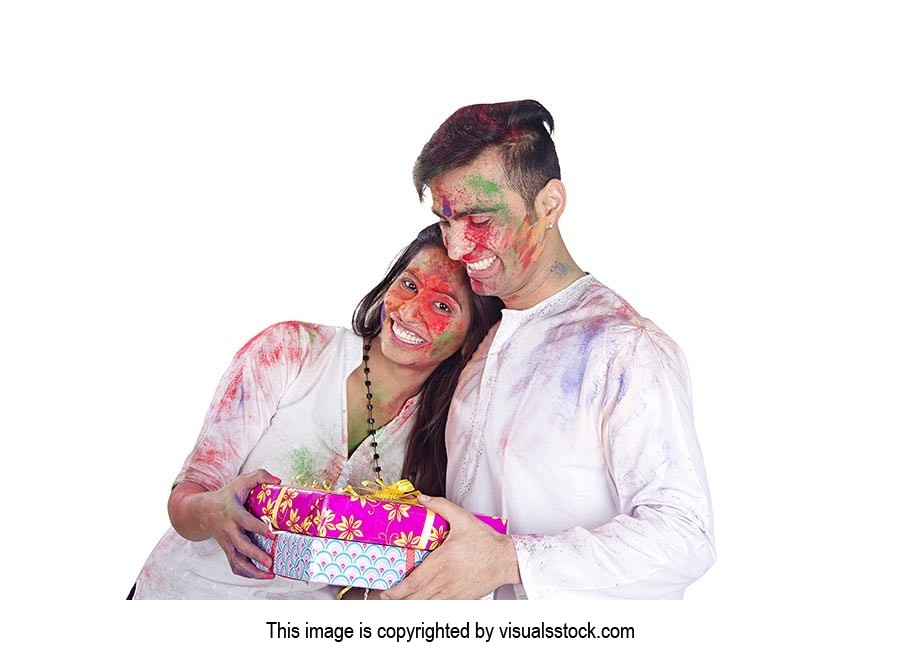 Couple Holi Festival Receiving Gift s Celebration 