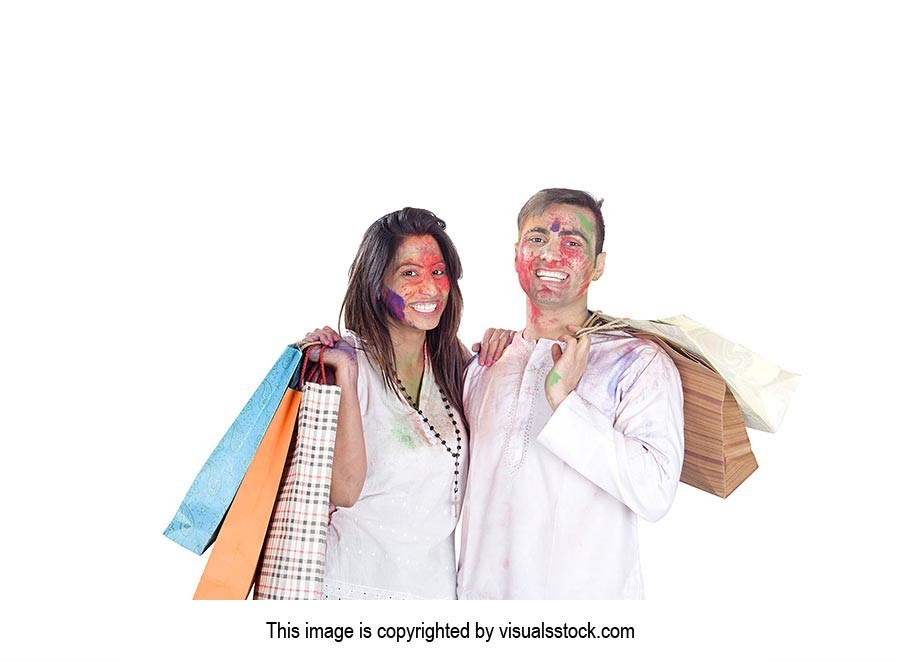 Indian Couple Holi Celebration Shopping Bags Smili