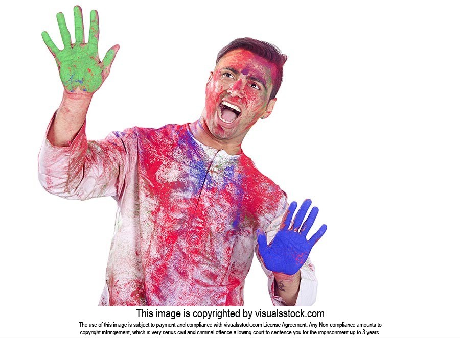 Shouting Man showing Colour hands Holi festival Fu