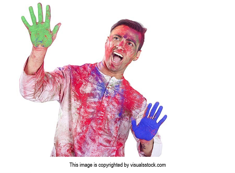 Shouting Man showing Colour hands Holi festival Fu