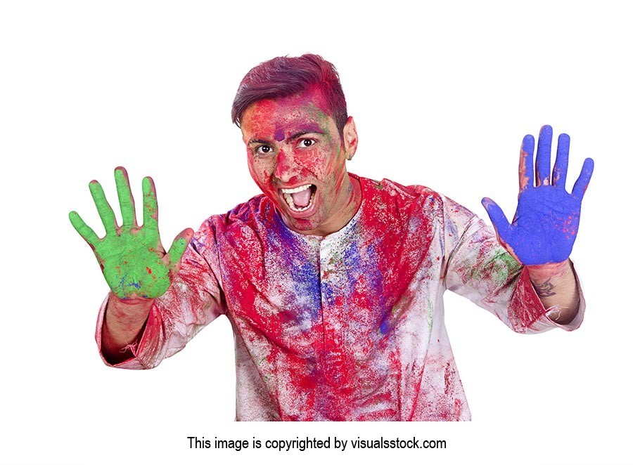 Shouted Man showing colourful palm celebrating hol