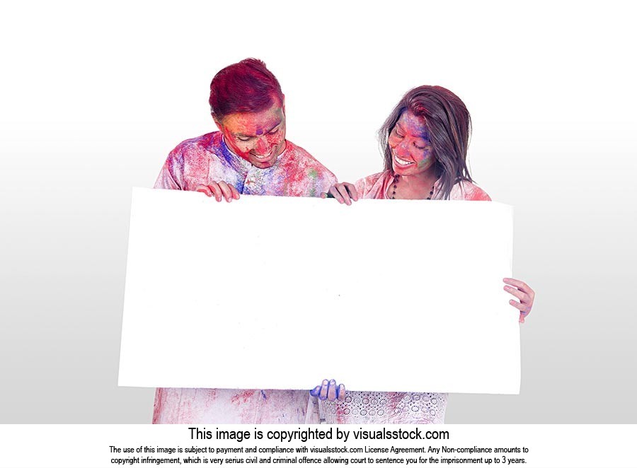 Happy Couple Holi Celebration Holding Whiteboard E