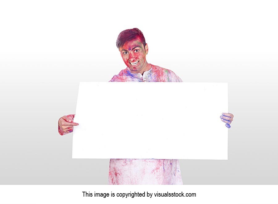 Woman Holi Celebrating Showing White Board Fun