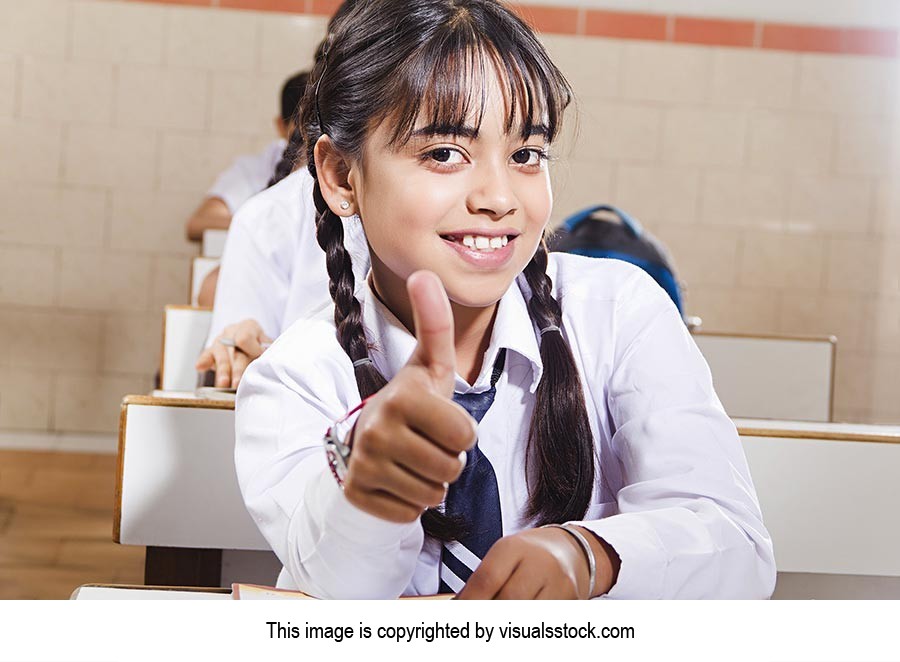 School Girl Student Classroom Thumbsup