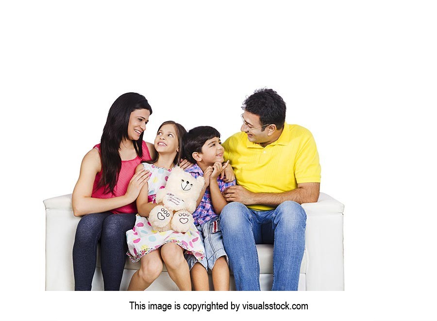 Parents Kids Sitting Sofa Enjoy