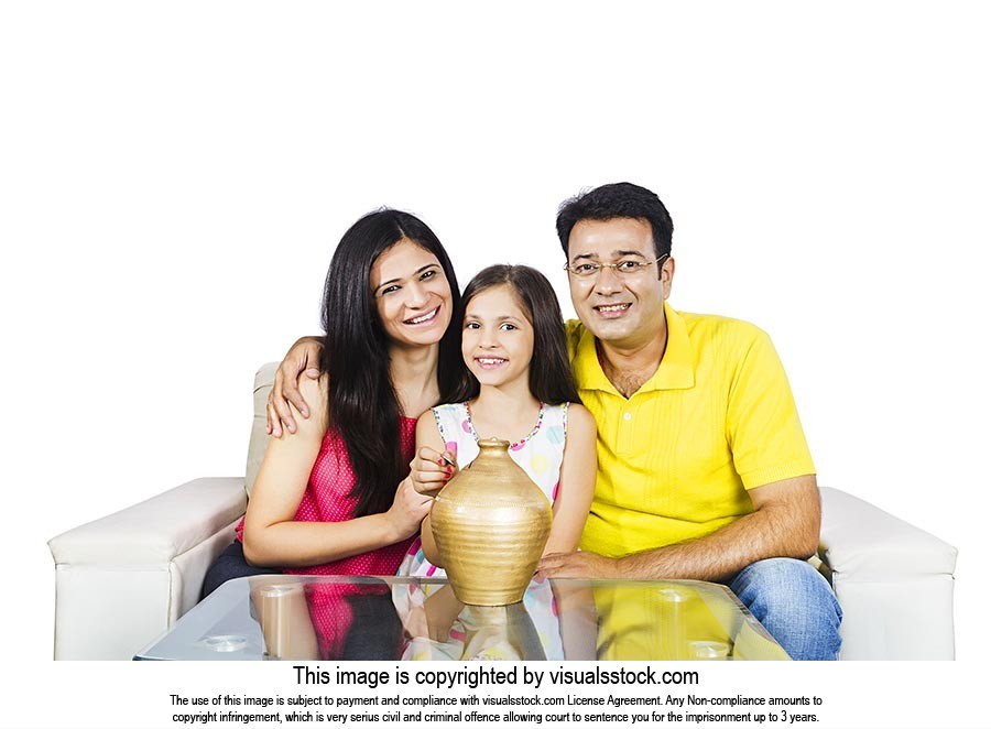Indian Parents Daughter Saving Money Piggybank