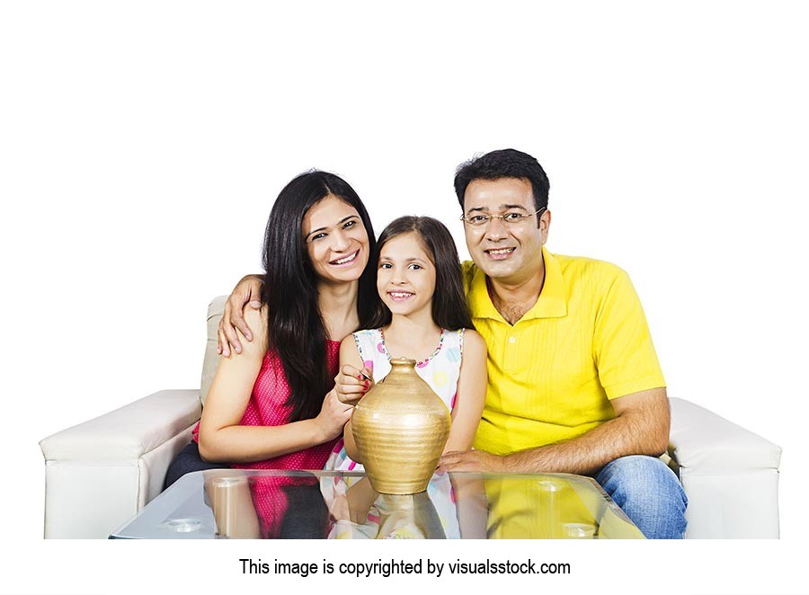 Indian Parents Daughter Saving Money Piggybank