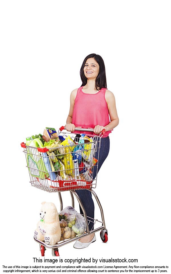 Indian Woman Shopping Grocery Cart