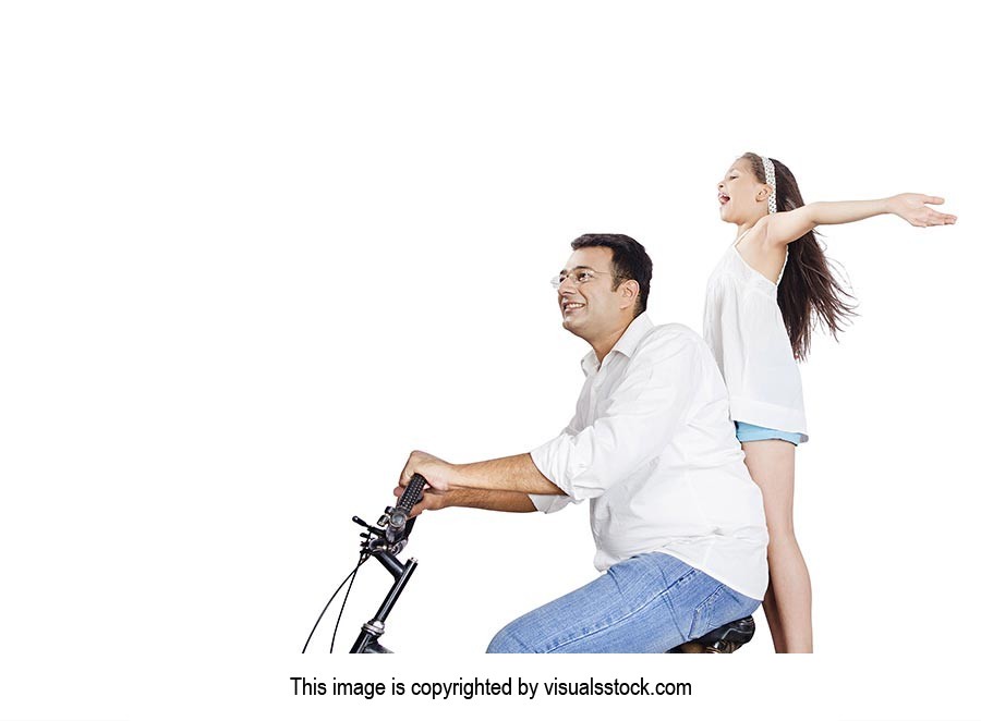 Father Daughter Riding Bicycle Together Cheering