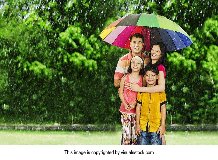 Parents Children Using Umbrellas Protect Rain