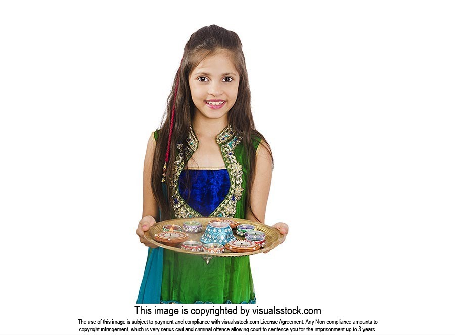 Little Girl Holding Plate Oil Lamps Diwali
