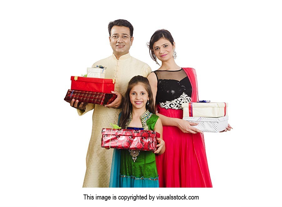 Parents Daughters Holding Gift Boxes Diwali