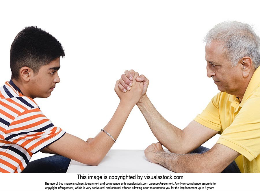 Boy Grandfather Arm wrestle Competition