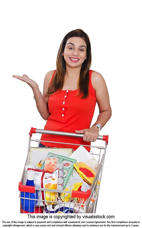 Indian Lady Shopping Grocery Cart