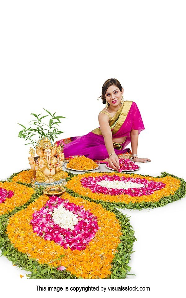 Woman Making Rangoli Design Diwali Festival