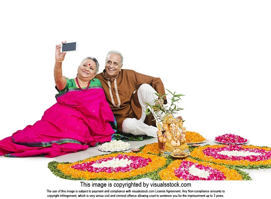 Old Couple Rangoli Diwali Taking Selfie
