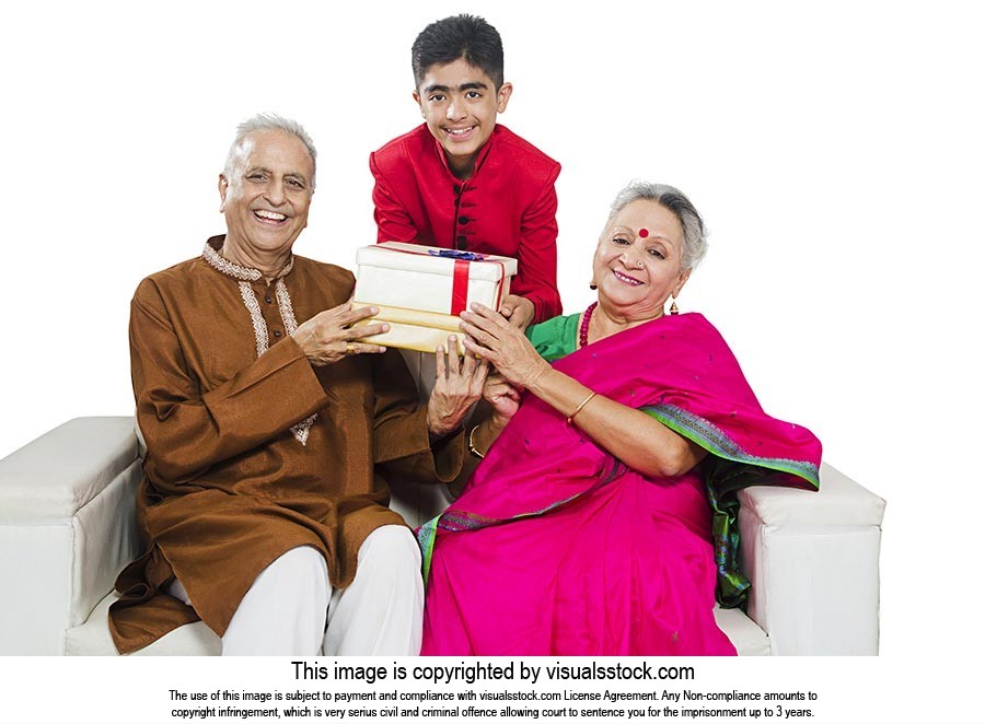 Grandson Giving Gifts Present Grandparents Diwali