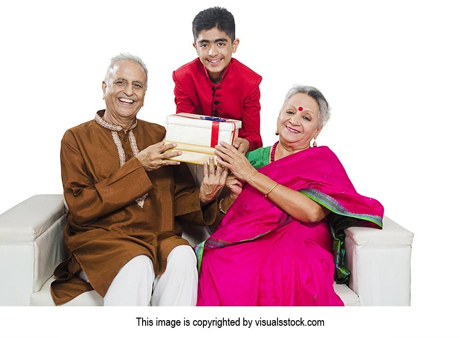 Grandson Giving Gifts Present Grandparents Diwali