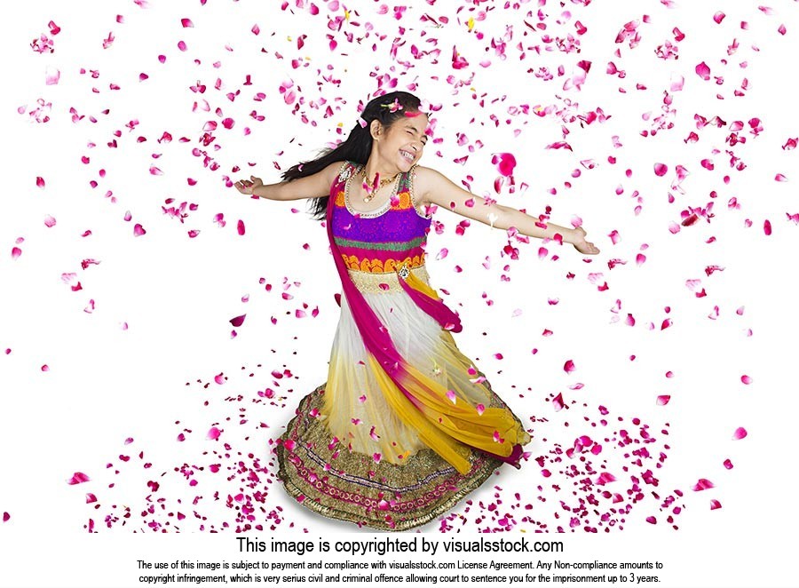 Beautiful Teenage Girl Falling Flowers Dancing