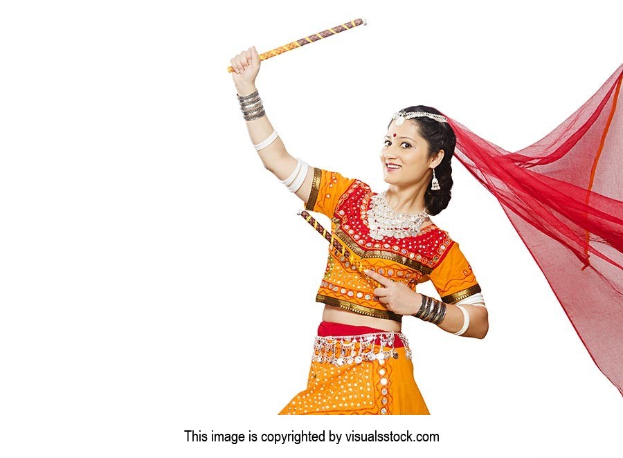 Indian Female Gujarati Performing Dandiya