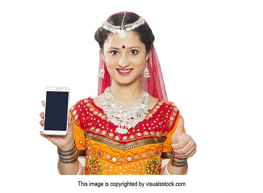 Gujrati Woman Showing Smartphone Thumbsup