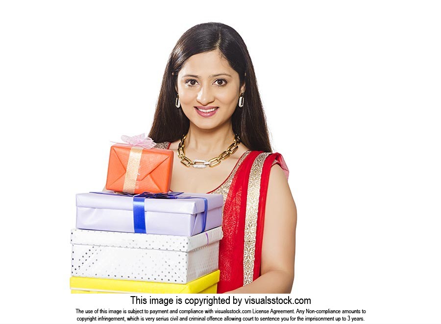 Smiling Indian Woman Traditional Holding Gifts