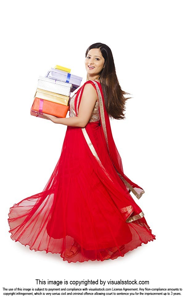 Indian Woman Stack Gift Boxes Diwali Celebration