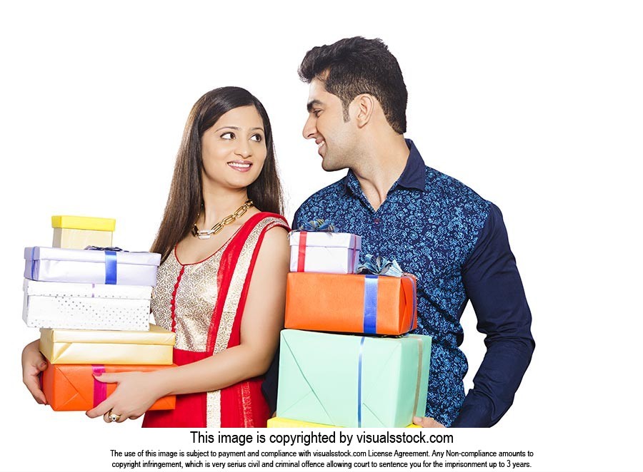 Indian Couple Stack Gift Diwali Celebrating