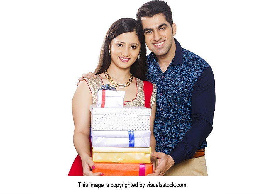 Smiling Couple Stack Gift Diwali Celebrating