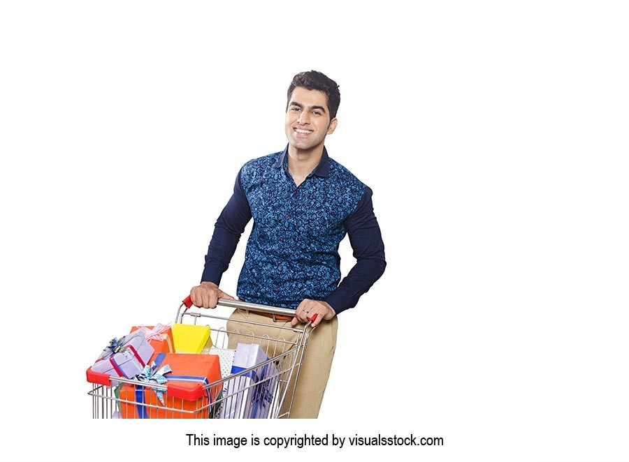 Indian Man Shopping Cart Gift Boxes Diwali