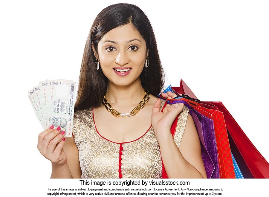 Indian Lady Shopping Bags Showing Money