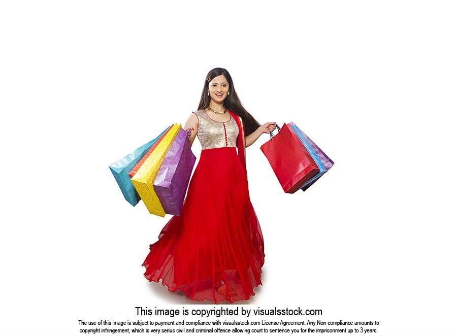 Indian Woman Deepavali Shopping Bags Smiling